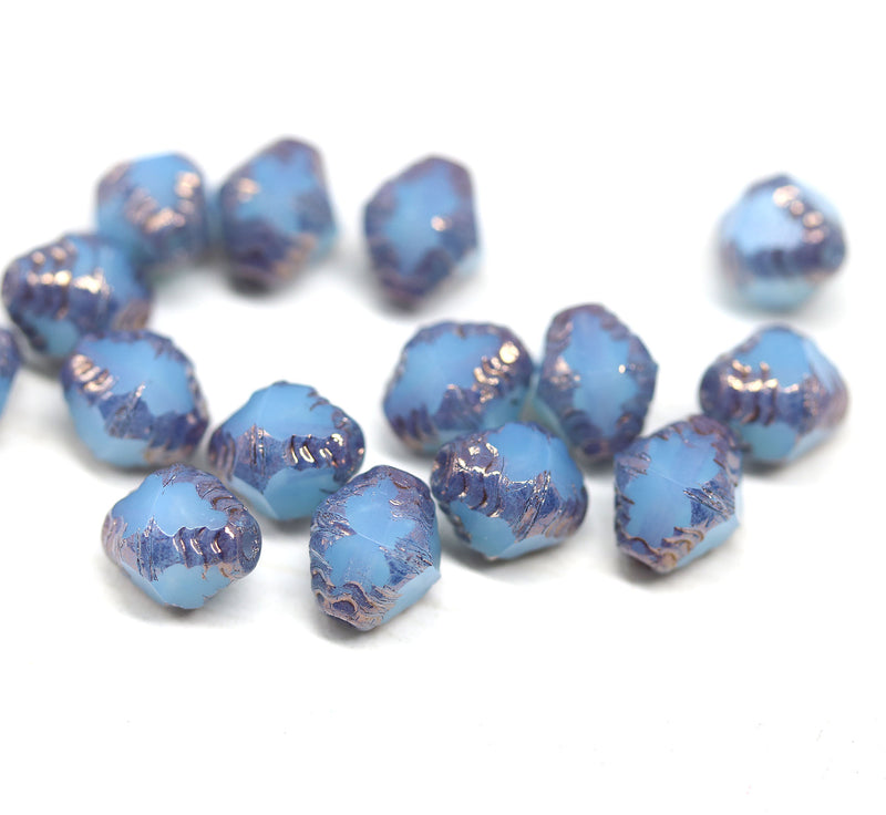 8x6mm Opal blue bicone czech glass beads copper edges - 15Pc