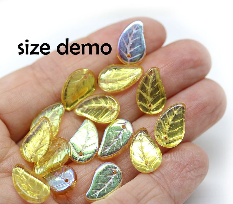 14x9mm Yellow Czech glass leaves with luster, 15pc