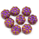 12mm Dark yellow puffy pansy flower czech glass, purple wash, 8pc