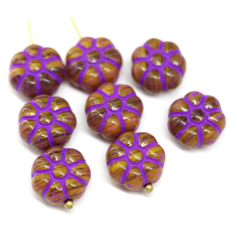 12mm Dark yellow puffy pansy flower czech glass, purple wash, 8pc