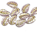 14x9mm Mixed color Czech glass leaves, gold inlays, 10pc