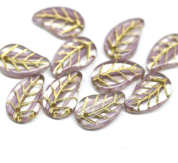 14x9mm Mixed color Czech glass leaves, gold inlays, 10pc