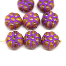 12mm Dark yellow puffy pansy flower czech glass, purple wash, 8pc