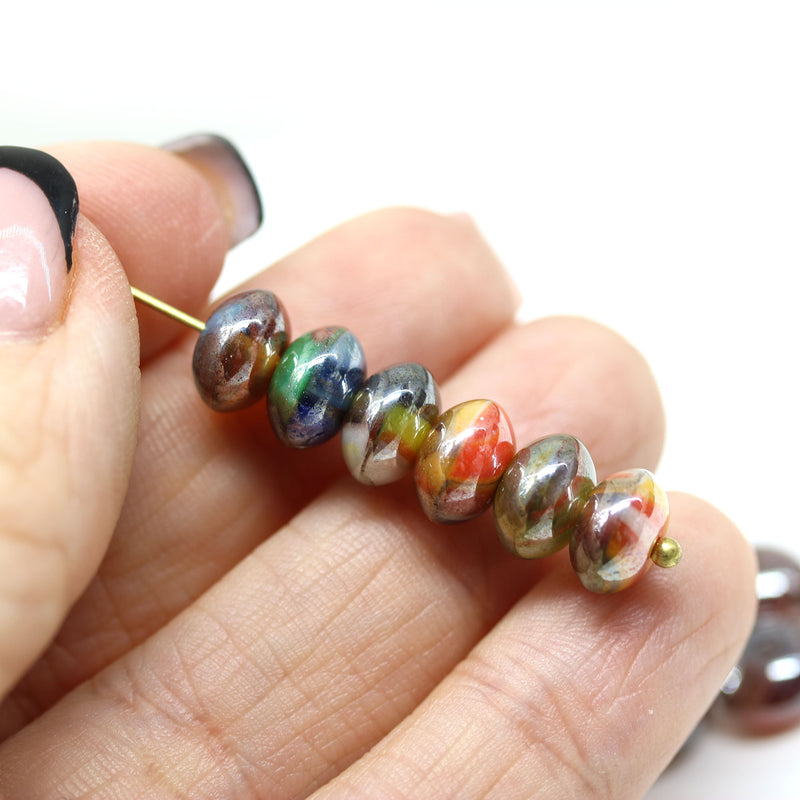 6x9mm Mixed colored puffy rondelle Czech glass beads - 15Pc
