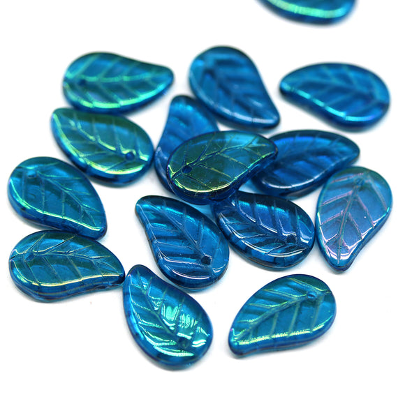 14x9mm Capri blue Czech glass leaves, luster, 15pc