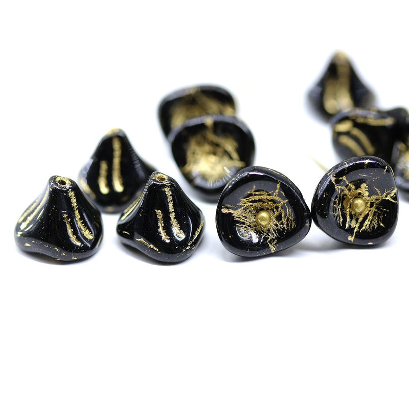 12x10mm Black bell flowers, golden wash, Czech glass beads - 10pc