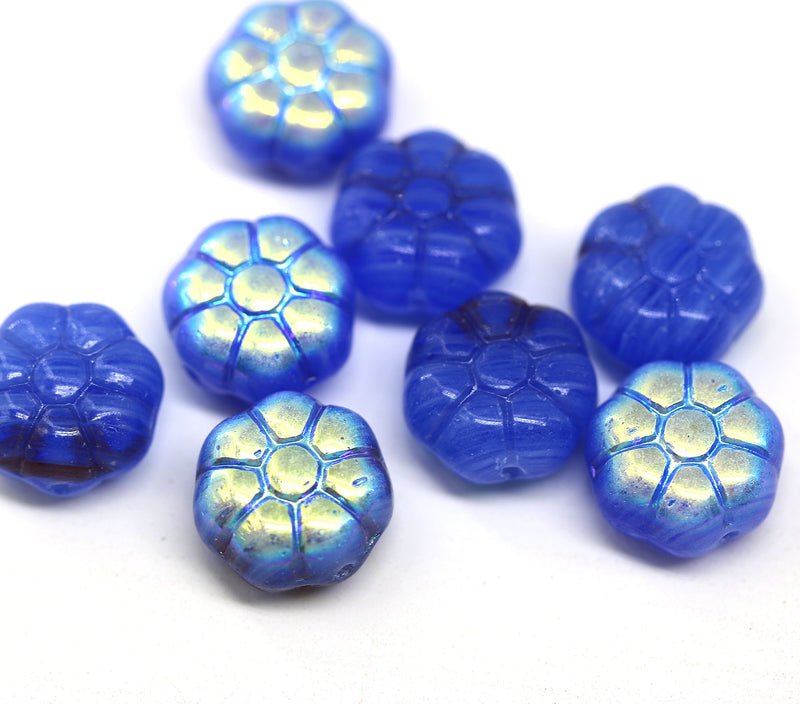 12mm Blue puffy pansy flower czech glass, AB finish, 8pc