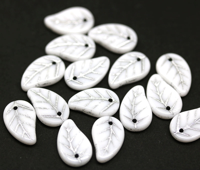 14x9mm White Czech glass leaves, silver inlays, 15pc