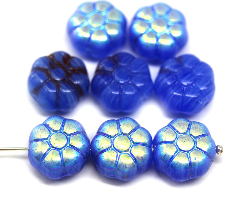 12mm Blue puffy pansy flower czech glass, AB finish, 8pc