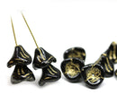 12x10mm Black bell flowers, golden wash, Czech glass beads - 10pc