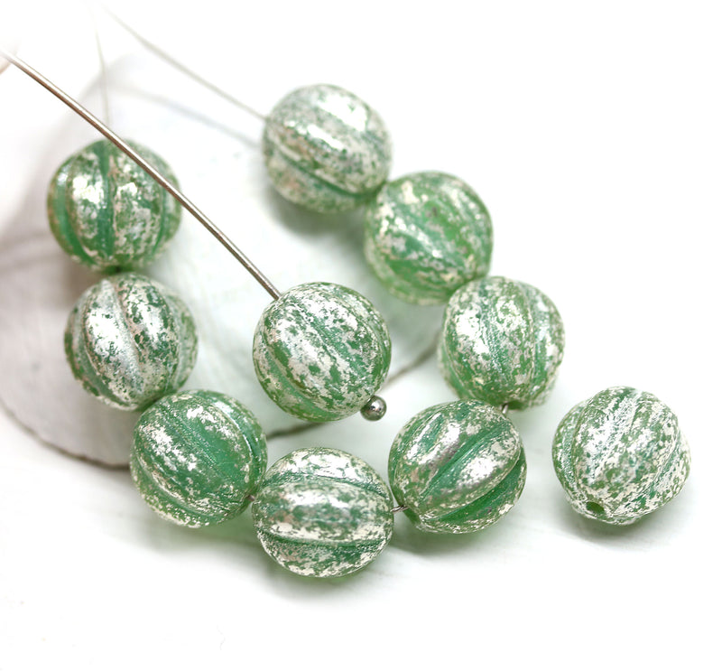 10mm Opal green round melon shape glass beads silver wash - 10Pc