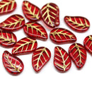14x9mm Red Czech glass leaves, gold wash, 15pc