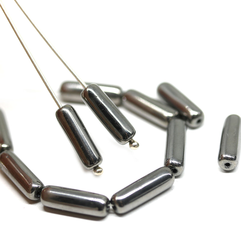 14x4mm Gunmetal metallic long stick czech glass beads, 12pc