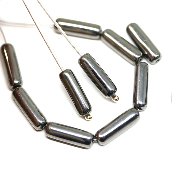 14x4mm Gunmetal metallic long stick czech glass beads, 12pc