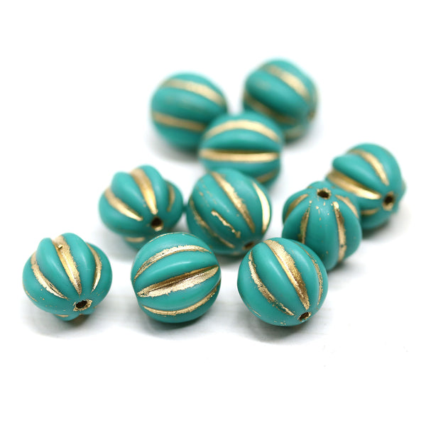 10mm Turquoise green round melon shape glass beads - 10Pc