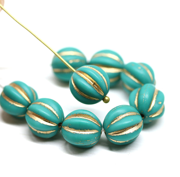 10mm Turquoise green round melon shape glass beads - 10Pc