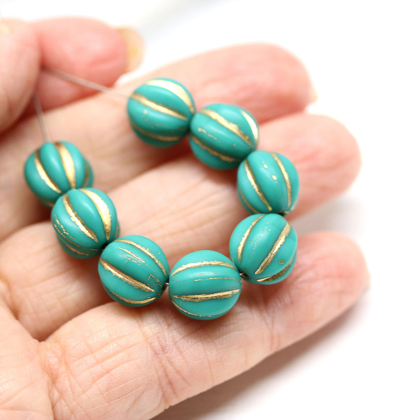 10mm Turquoise green round melon shape glass beads - 10Pc