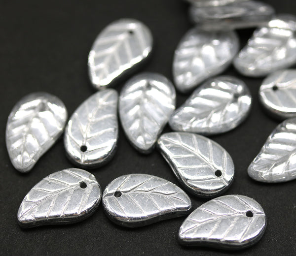 14x9mm Silver Czech glass leaves, luster, 15pc