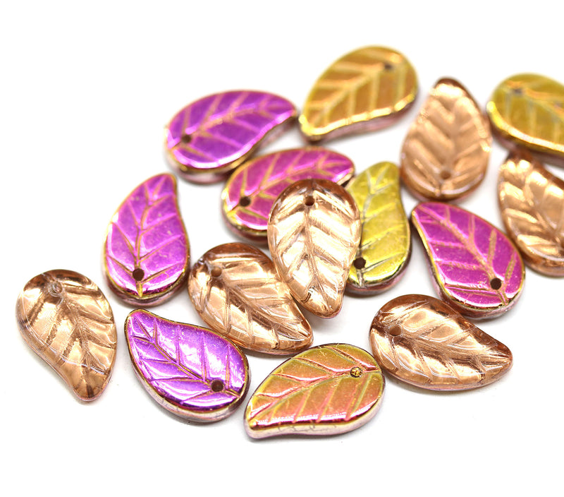 14x9mm Copper pink luster Czech glass leaves, 15pc