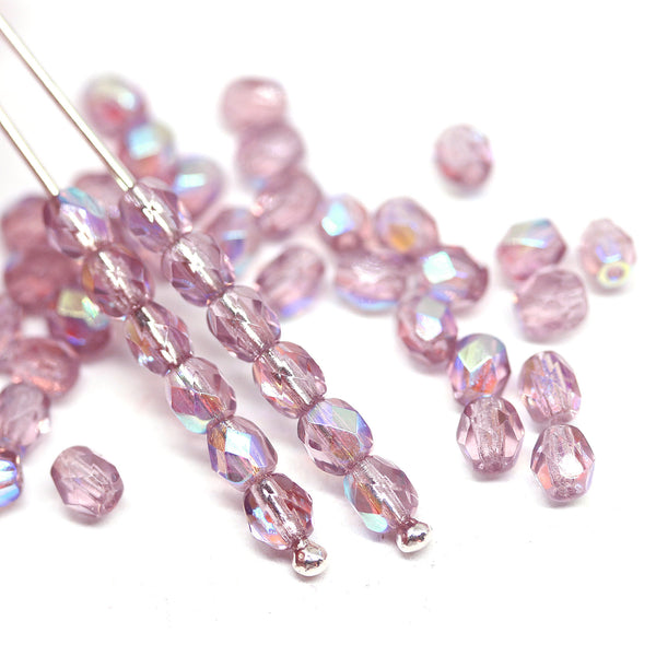 4mm Light purple AB finish czech glass fire polished beads, 50Pc