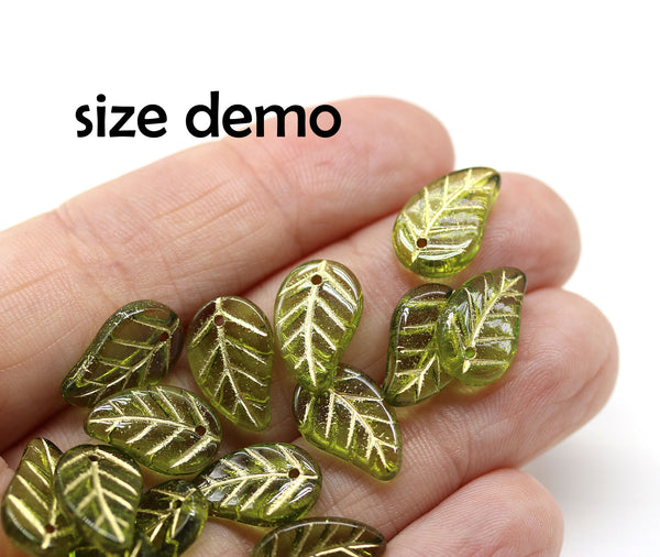 14x9mm Green vitrail Czech glass leaves, 15pc