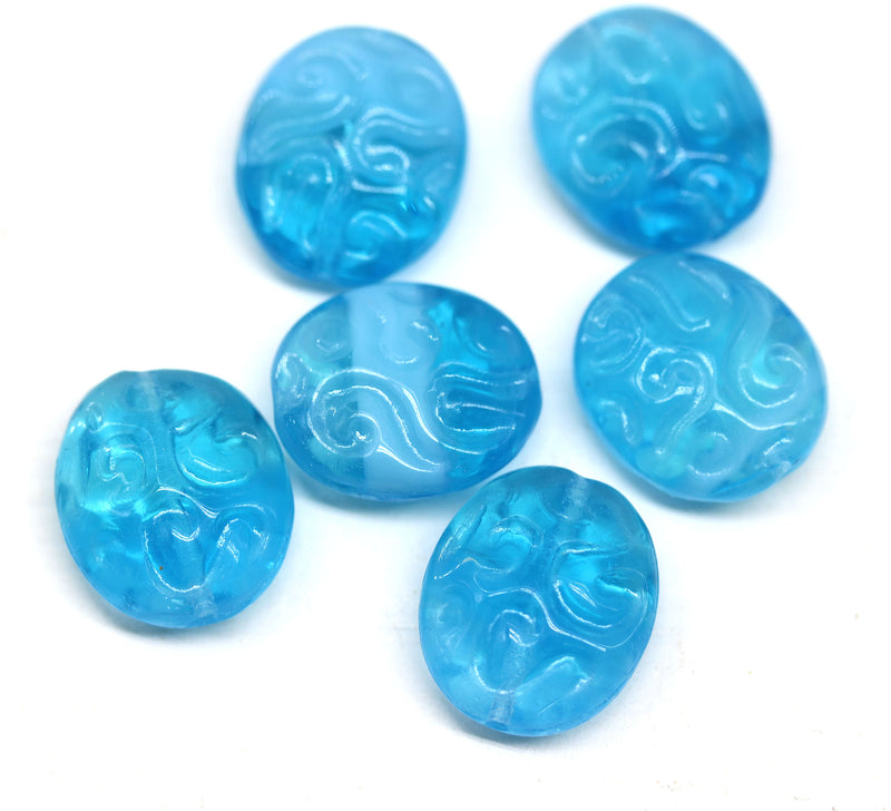 17x14mm Mixed blue flat oval wavy czech glass beads, 6Pc
