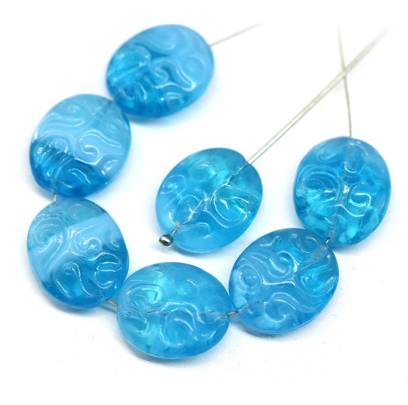 17x14mm Mixed blue flat oval wavy czech glass beads, 6Pc