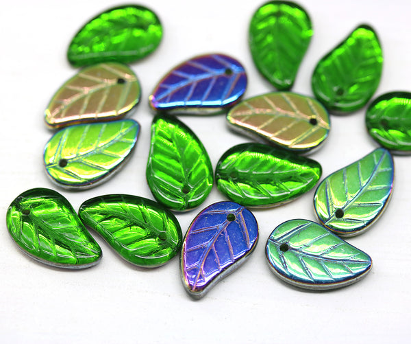 14x9mm Green vitrail Czech glass leaves, 15pc