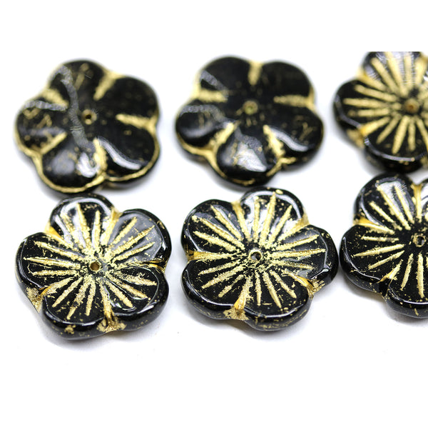 20mm Large black Czech glass flower beads gold wash, 6Pc