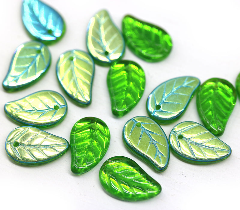 14x9mm Green luster Czech glass leaves, 15pc