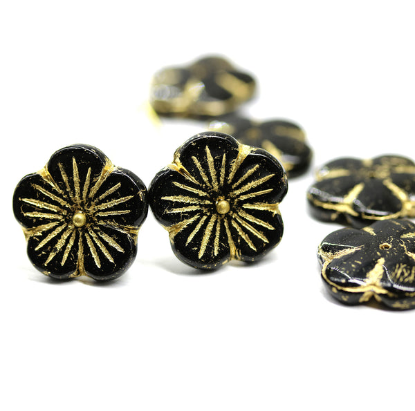 20mm Large black Czech glass flower beads gold wash, 6Pc