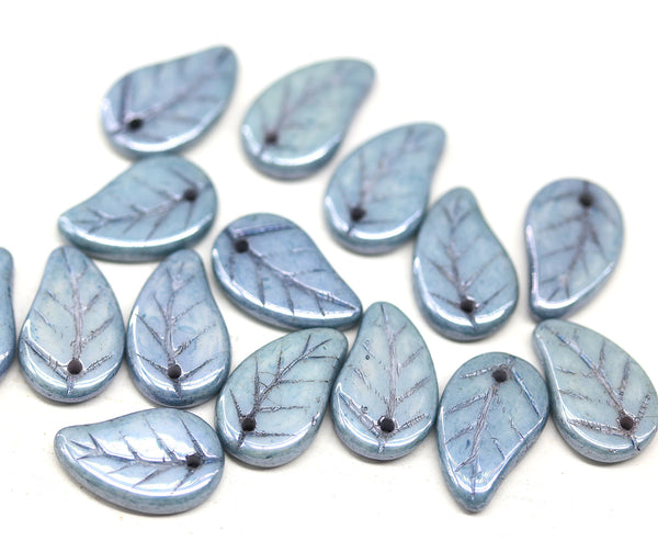 14x9mm Light montana blue Czech glass leaves, luster, 15pc