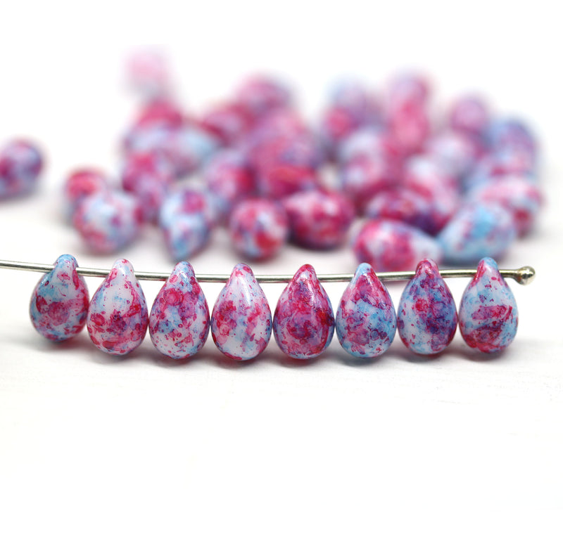 6x9mm Pink blue czech glass teardrop beads, 40pc