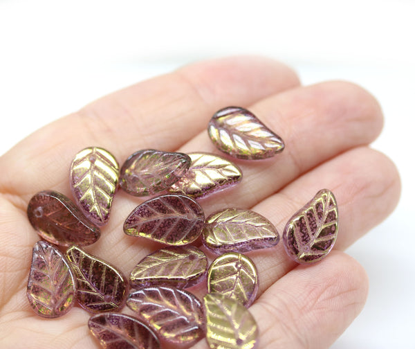 14x9mm Purple Czech glass leaves, goldish luster, 15pc