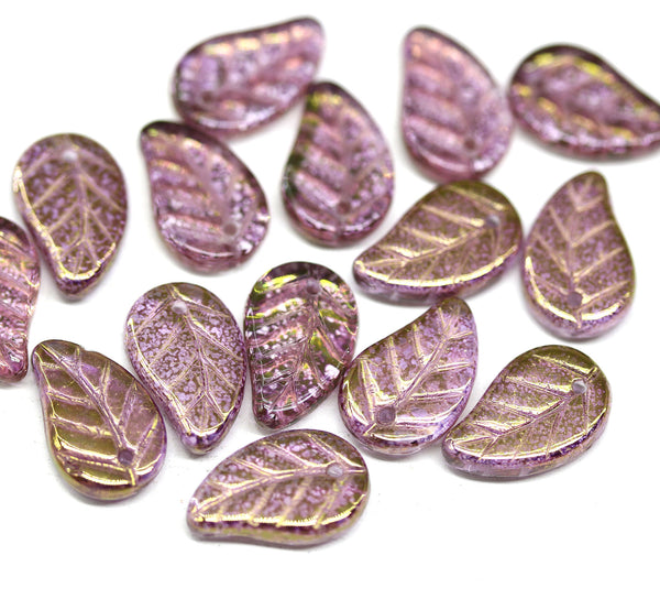14x9mm Purple Czech glass leaves, goldish luster, 15pc
