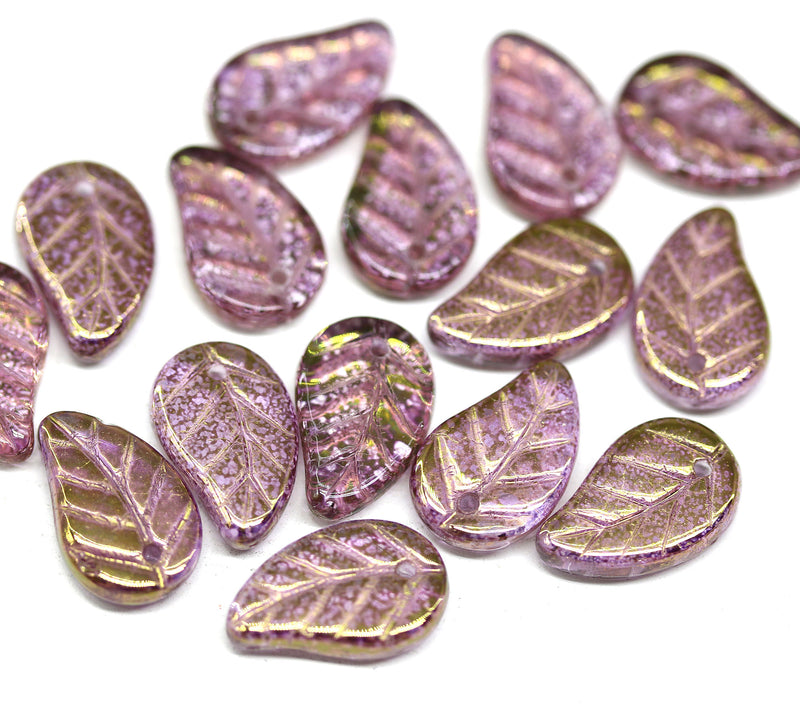 14x9mm Purple Czech glass leaves, goldish luster, 15pc