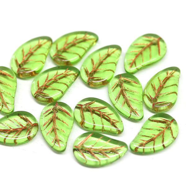 14x9mm Light green Czech glass leaves, copper inlays, 15pc