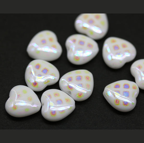 10mm White czech glass heart AB finish ornament - 10Pc