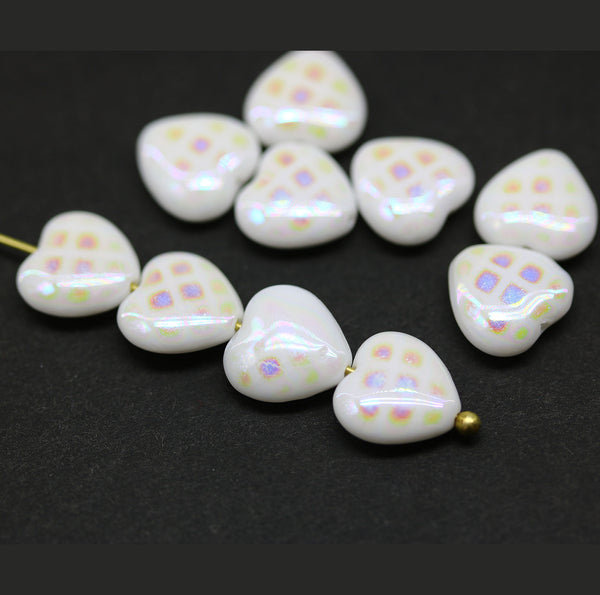10mm White czech glass heart AB finish ornament - 10Pc