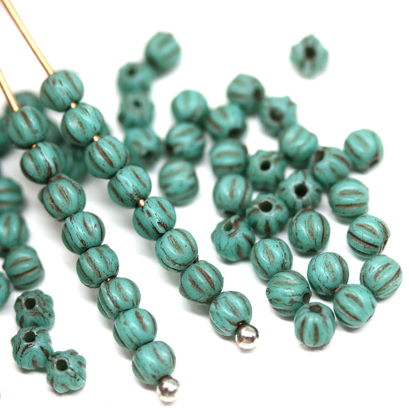 3mm Frosted turquoise melon shape glass beads, black stripes, 4gr