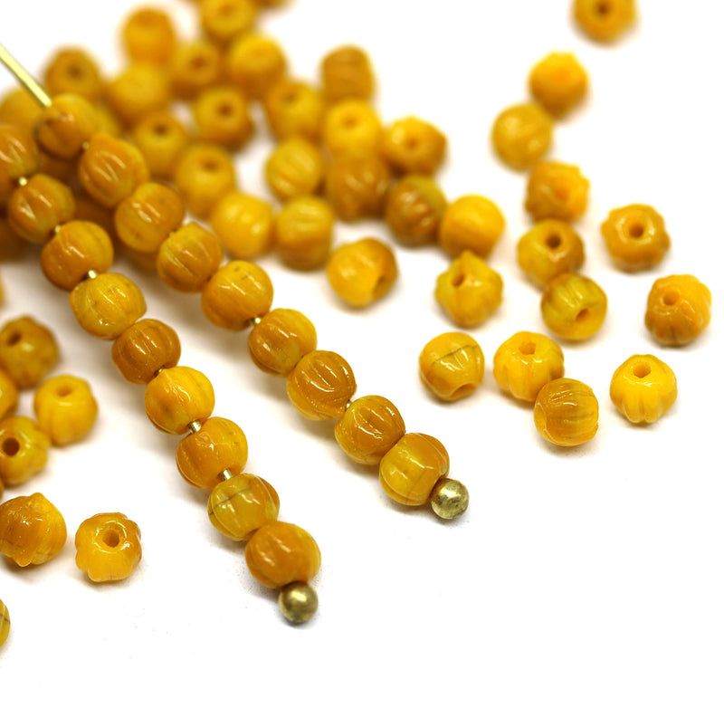 3mm Ocher yellow melon shape glass beads, 4gr