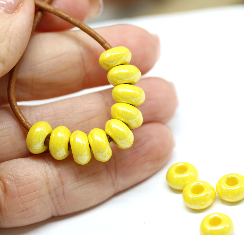 6x9mm Yellow luster czech glass beads 3mm hole rondelle, 15Pc
