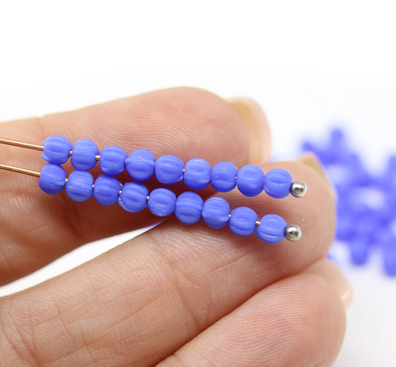 3mm Frosted periwinkle blue melon shape glass beads, 5gr