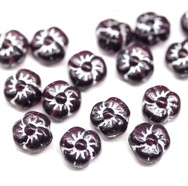 9mm Dark purple czech glass flower silver inlays - 20Pc