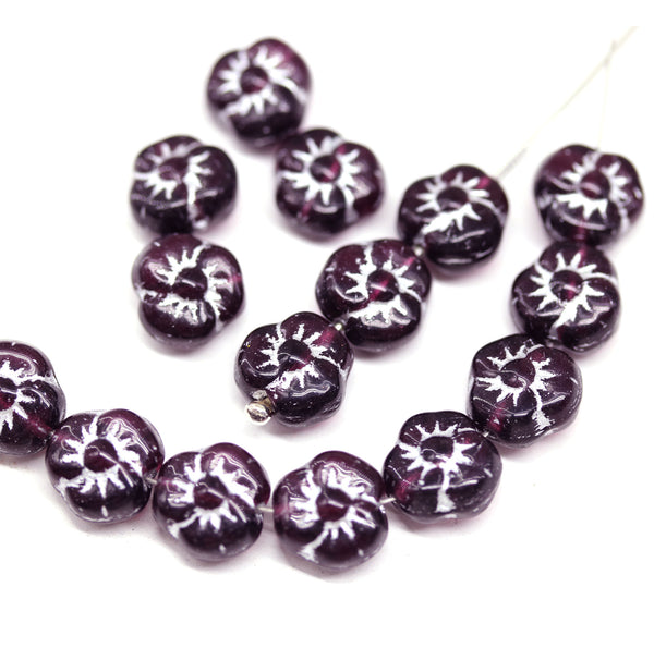 9mm Dark purple czech glass flower silver inlays - 20Pc