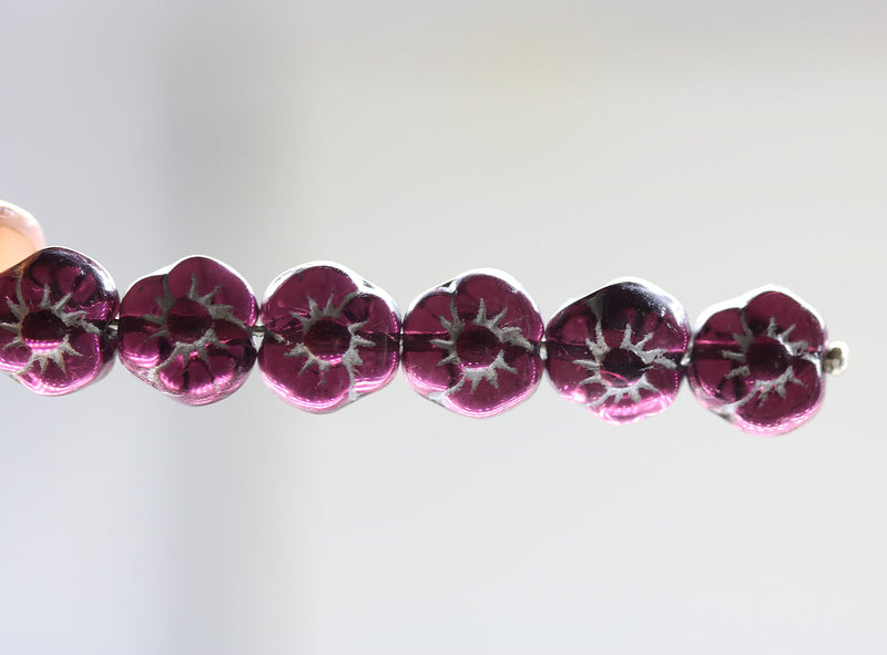 9mm Dark purple czech glass flower silver inlays - 20Pc
