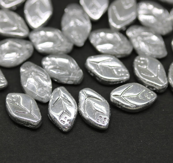 12x7mm Silver coating clear leaf beads Czech glass - 30pc