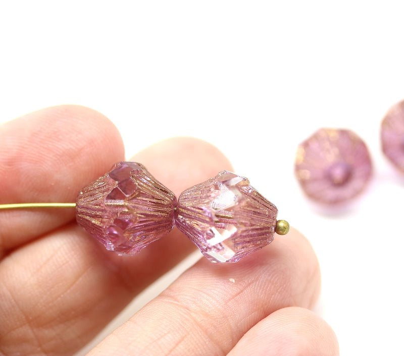 13x11mm Rose pink Czech glass large baroque bicones, 4Pc
