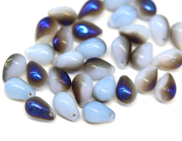6x9mm Opal blue czech glass teardrop beads with luster, 30pc