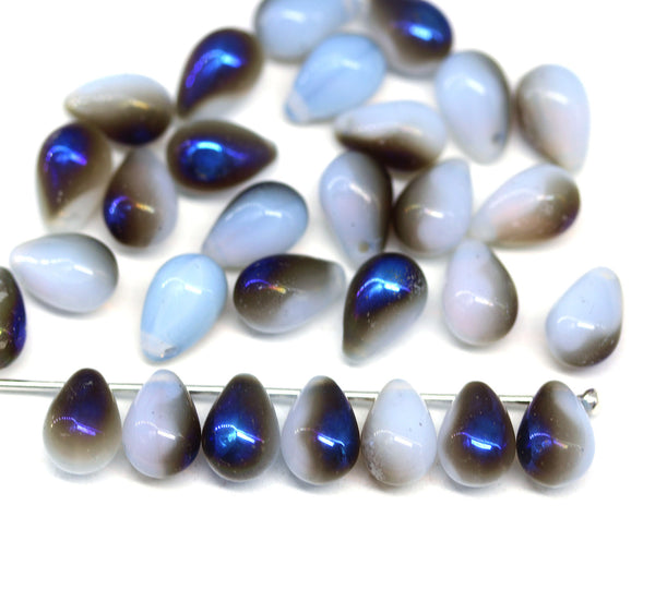 6x9mm Opal blue czech glass teardrop beads with luster, 30pc